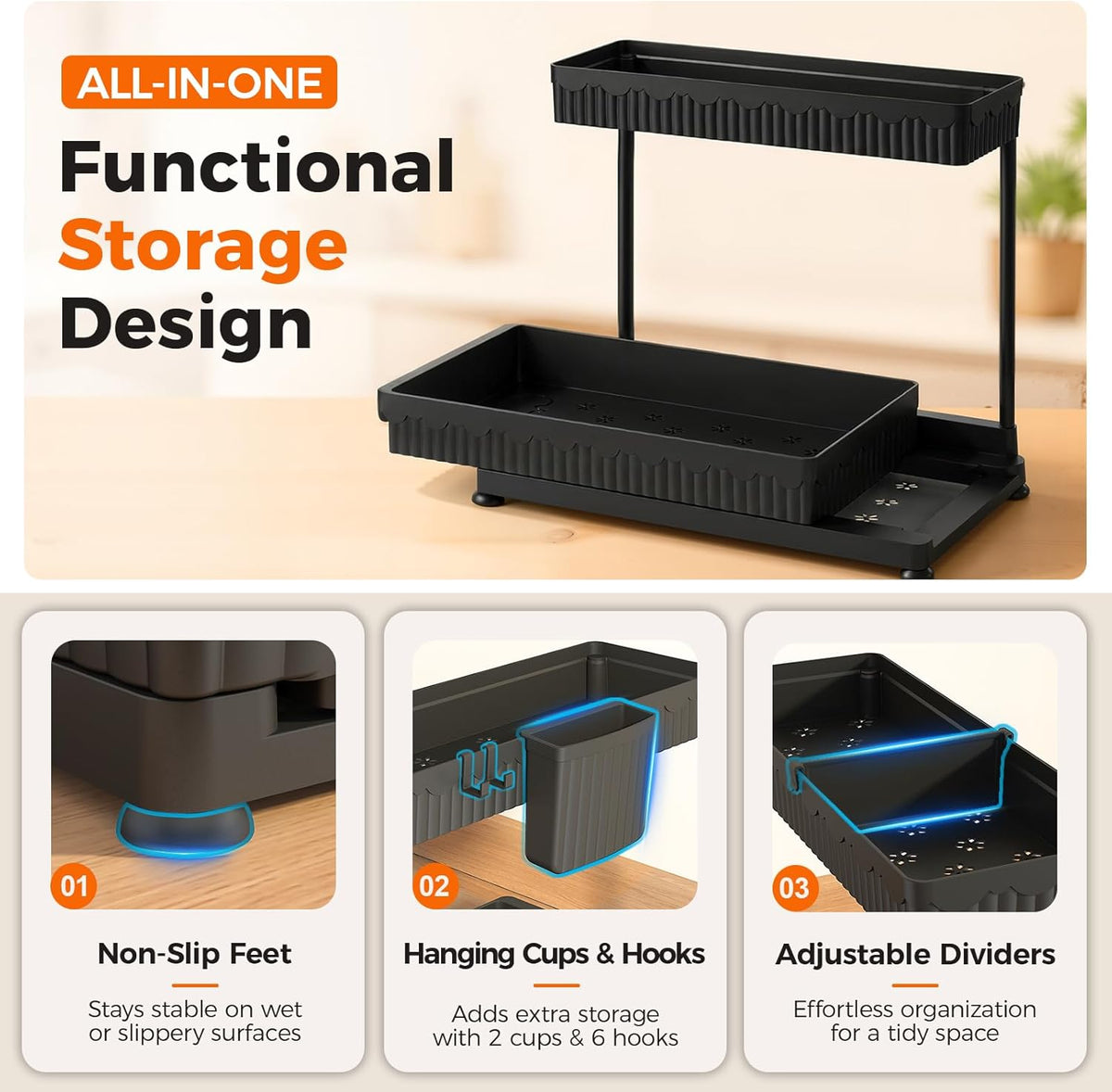 Maximize Your Space:  3-Pack L-Shaped Under Sink Organizers with Sliding Drawers