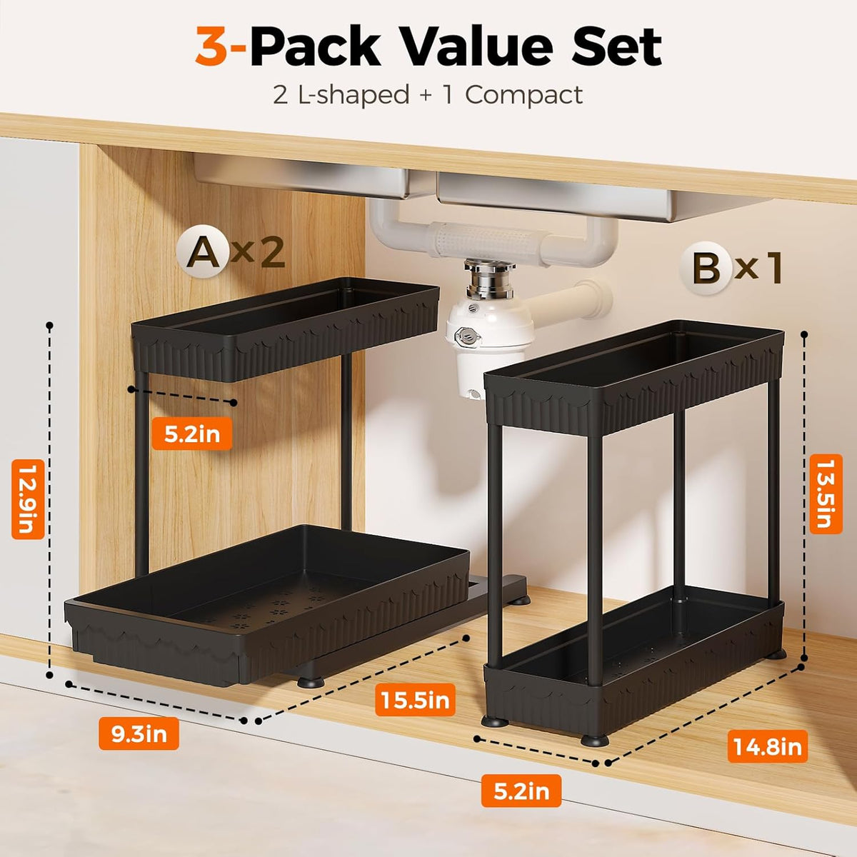 Maximize Your Space:  3-Pack L-Shaped Under Sink Organizers with Sliding Drawers