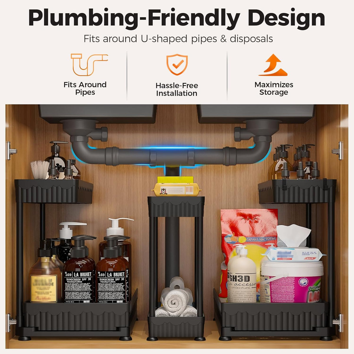 Maximize Your Space:  3-Pack L-Shaped Under Sink Organizers with Sliding Drawers