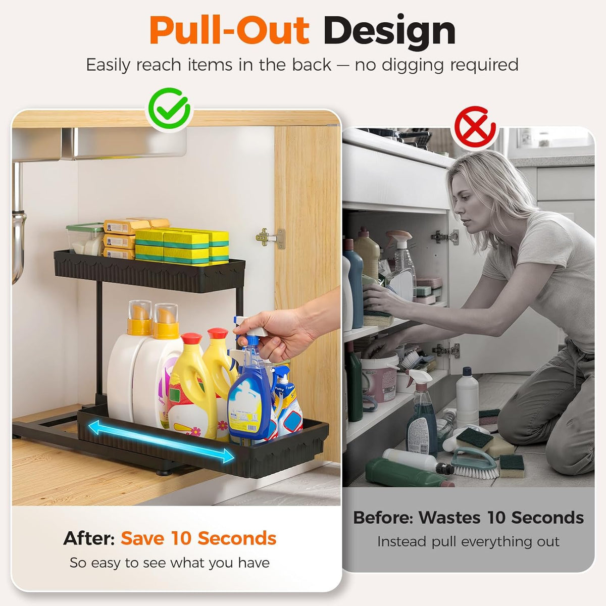 Maximize Your Space:  3-Pack L-Shaped Under Sink Organizers with Sliding Drawers