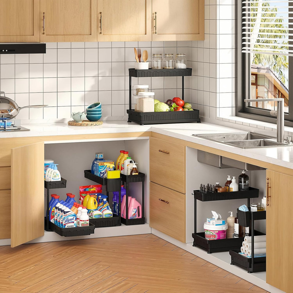 Maximize Your Space:  3-Pack L-Shaped Under Sink Organizers with Sliding Drawers