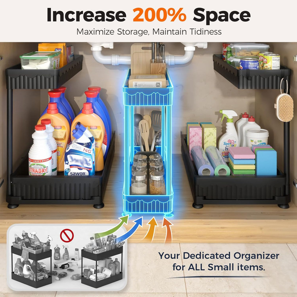 Maximize Your Space:  3-Pack L-Shaped Under Sink Organizers with Sliding Drawers